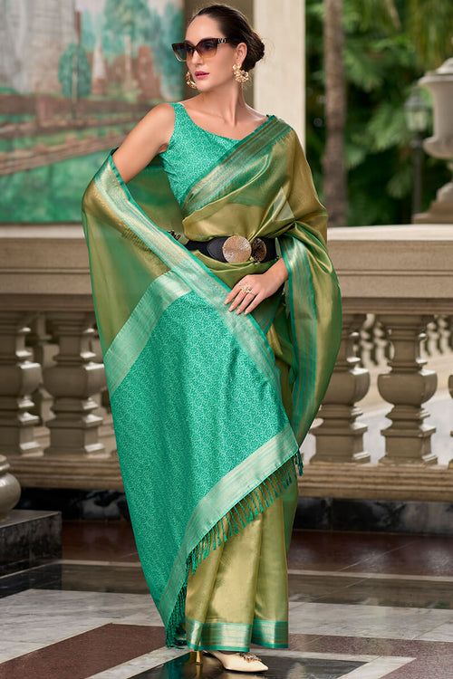 Load image into Gallery viewer, Sumptuous Green Soft Tissue Silk Saree With Gossamer Blouse Piece
