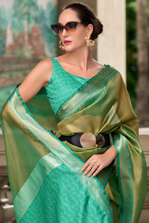 Load image into Gallery viewer, Sumptuous Green Soft Tissue Silk Saree With Gossamer Blouse Piece
