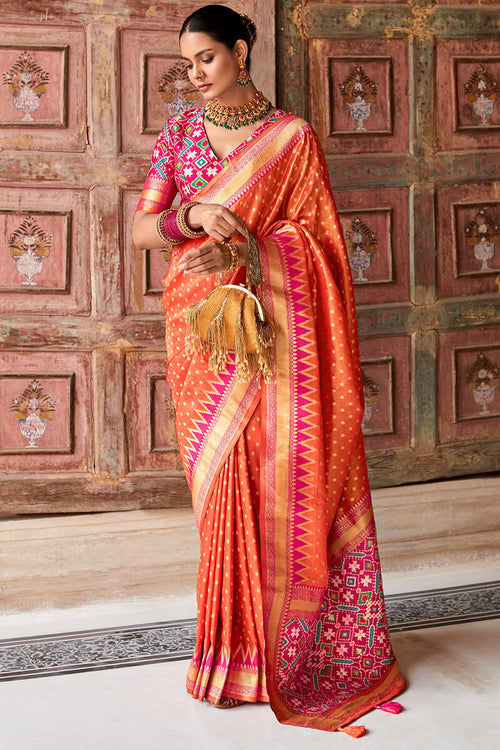 Load image into Gallery viewer, Beautiful Orange Soft Banarasi Silk Saree With Girlish Blouse Piece
