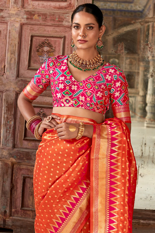 Load image into Gallery viewer, Beautiful Orange Soft Banarasi Silk Saree With Girlish Blouse Piece
