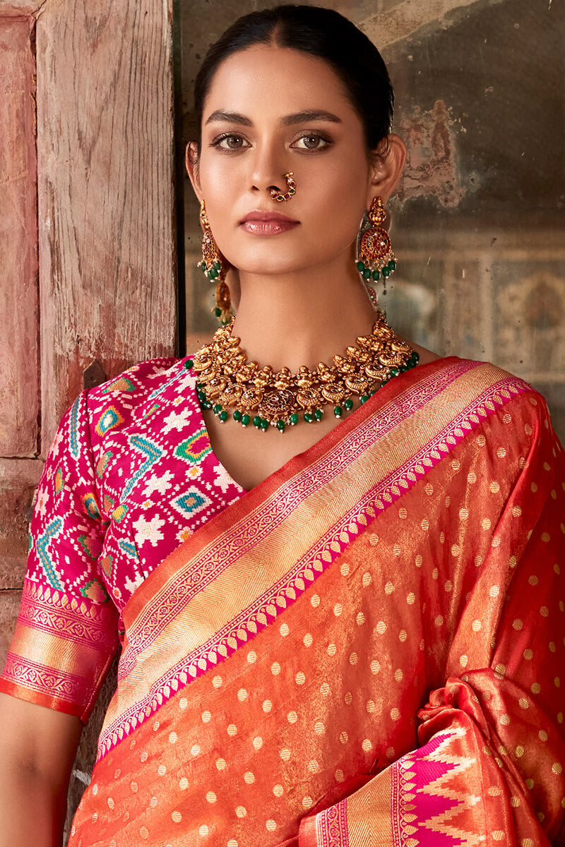 Beautiful Orange Soft Banarasi Silk Saree With Girlish Blouse Piece