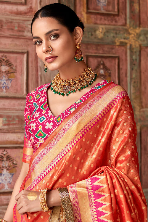 Load image into Gallery viewer, Beautiful Orange Soft Banarasi Silk Saree With Girlish Blouse Piece
