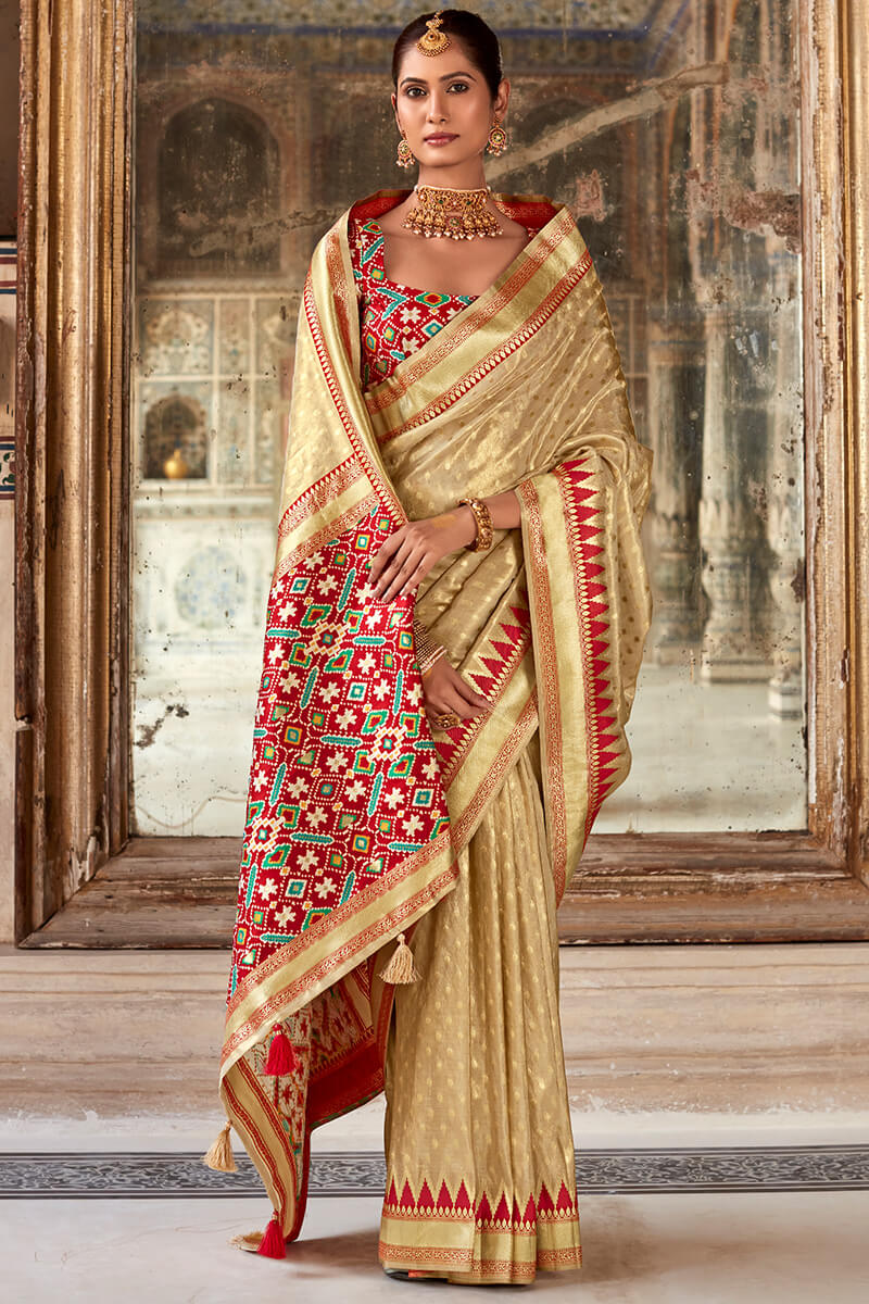 Excellent Beige Soft Banarasi Silk Saree With Dalliance Blouse Piece