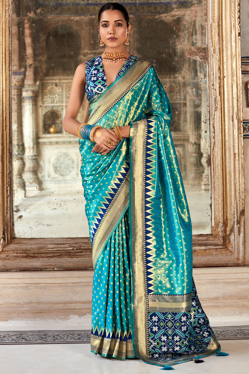 Lagniappe Firozi Soft Banarasi Silk Saree With Petrichor Blouse Piece