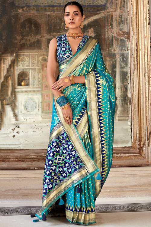 Load image into Gallery viewer, Lagniappe Firozi Soft Banarasi Silk Saree With Petrichor Blouse Piece
