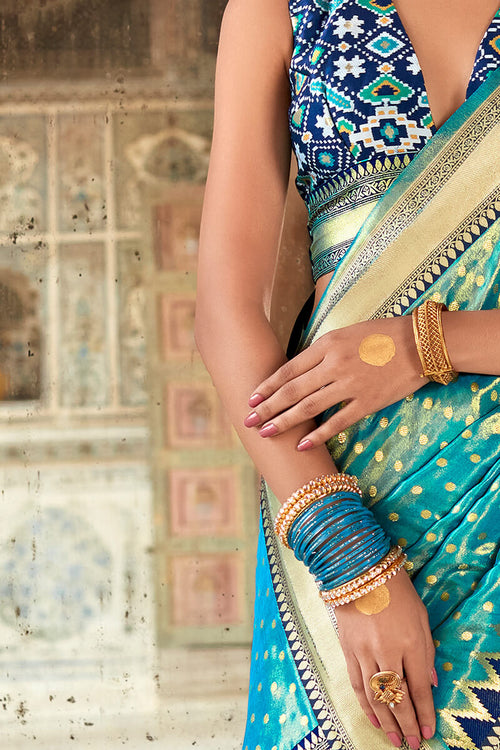 Load image into Gallery viewer, Lagniappe Firozi Soft Banarasi Silk Saree With Petrichor Blouse Piece
