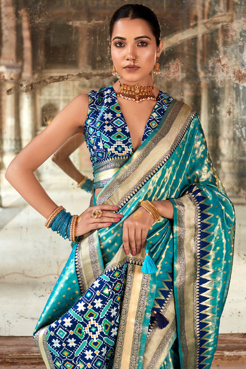 Load image into Gallery viewer, Lagniappe Firozi Soft Banarasi Silk Saree With Petrichor Blouse Piece
