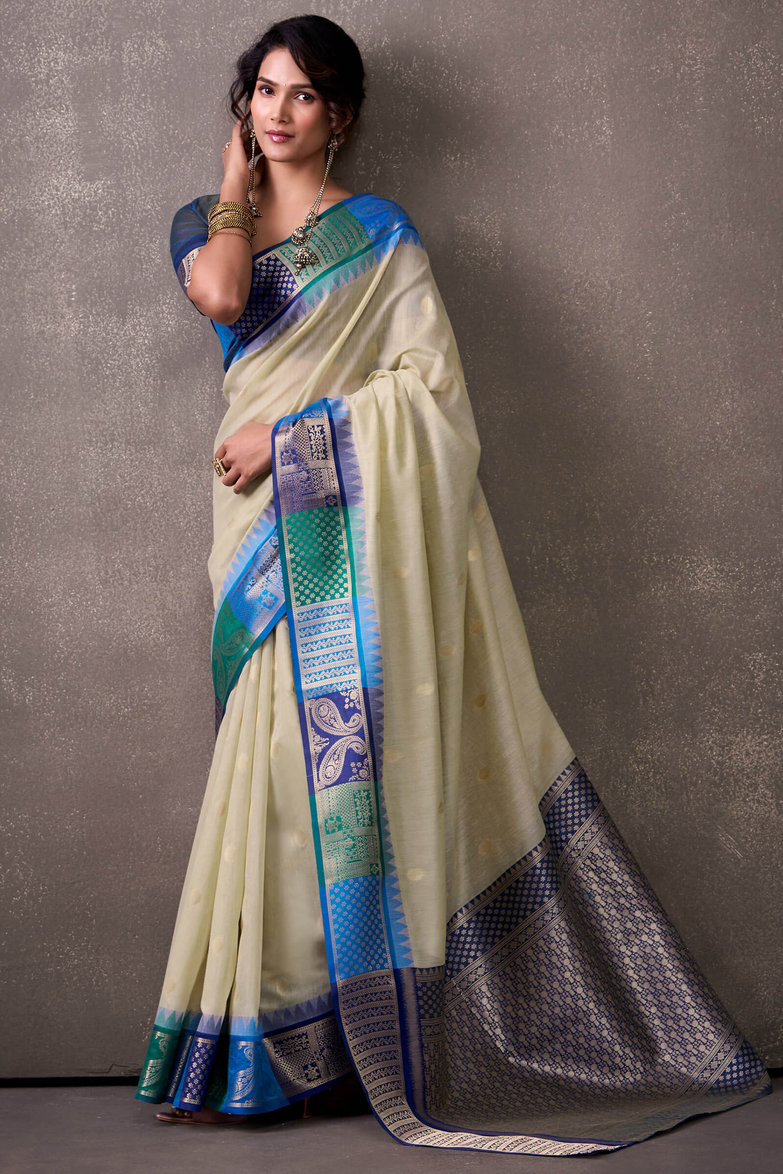 Proficient Beige And Blue Cotton Silk Saree With Engrossing Blouse Piece