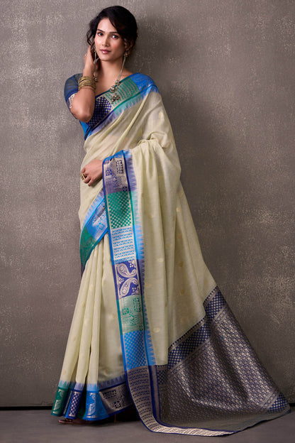 Proficient Beige And Blue Cotton Silk Saree With Engrossing Blouse Piece