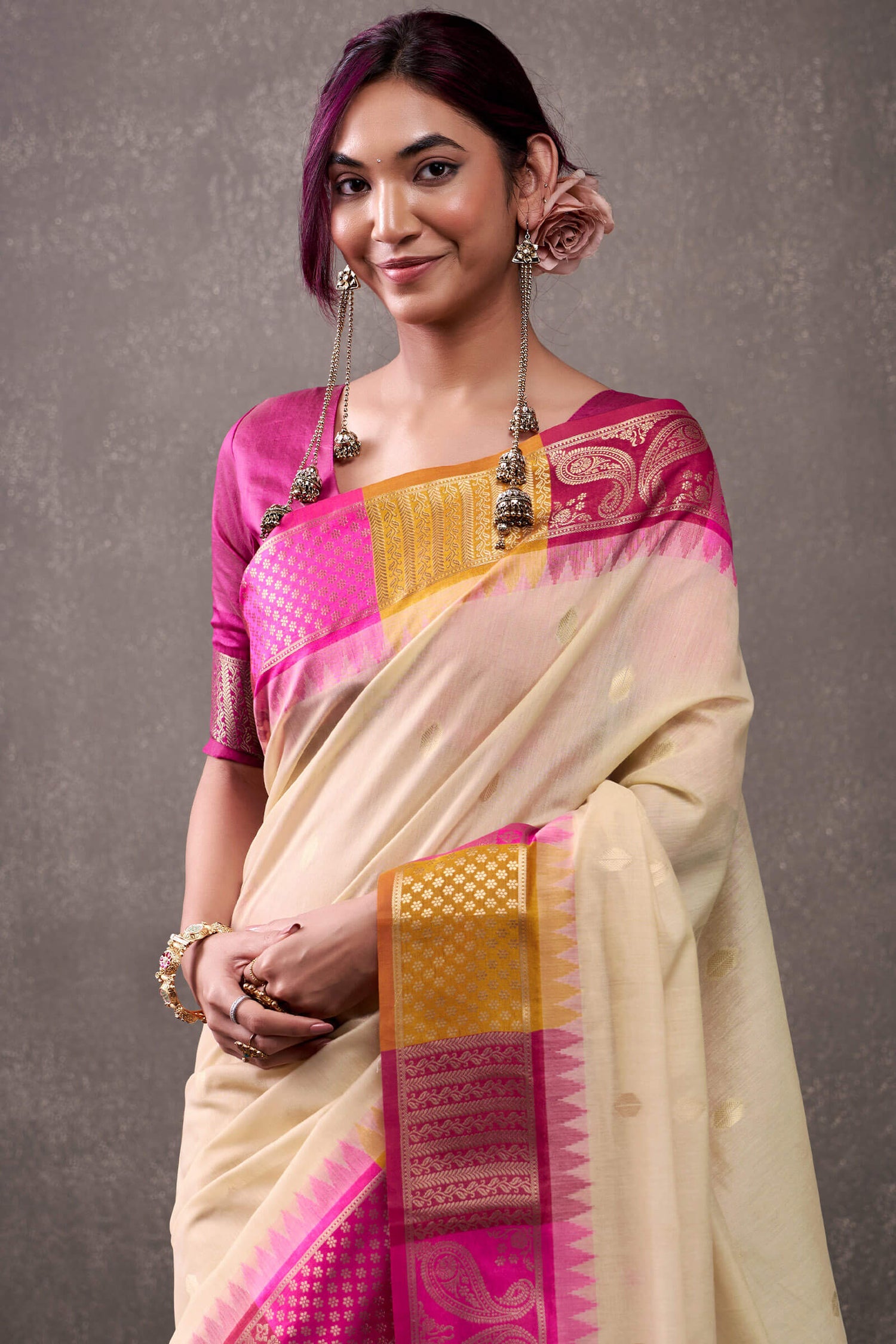 Fairytale Beige And Dark Pink Cotton Silk Saree With Marvellous Blouse Piece
