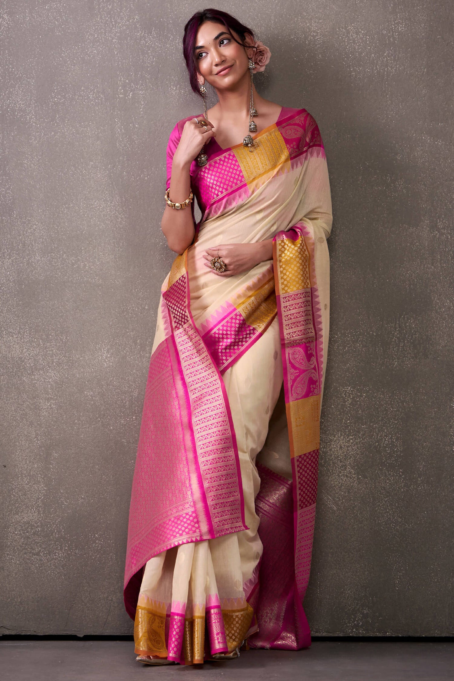 Fairytale Beige And Dark Pink Cotton Silk Saree With Marvellous Blouse Piece