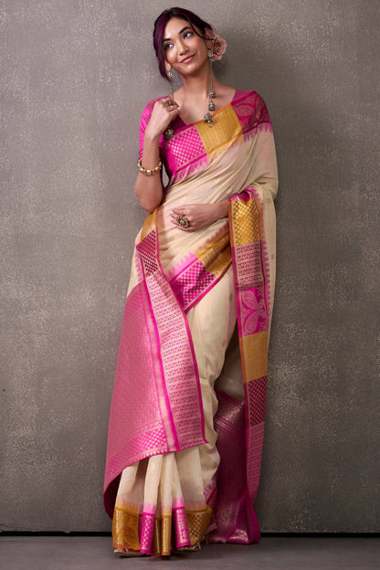 Fairytale Beige And Dark Pink Cotton Silk Saree With Marvellous Blouse Piece
