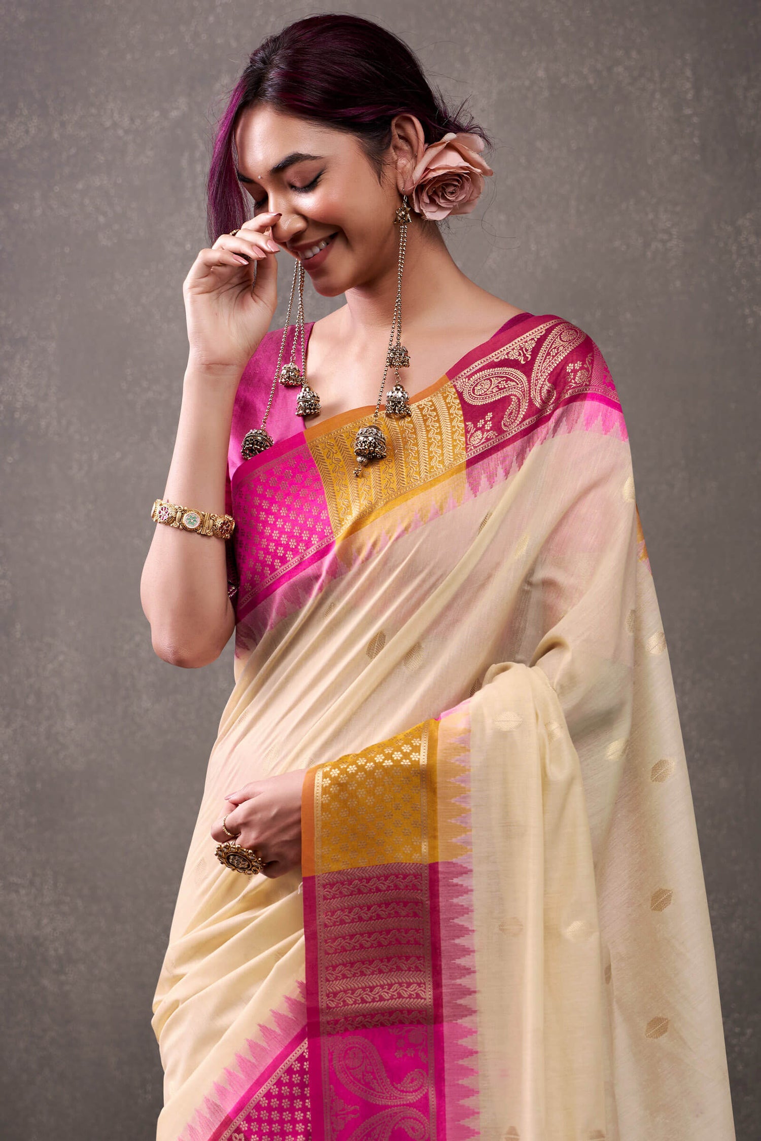 Fairytale Beige And Dark Pink Cotton Silk Saree With Marvellous Blouse Piece