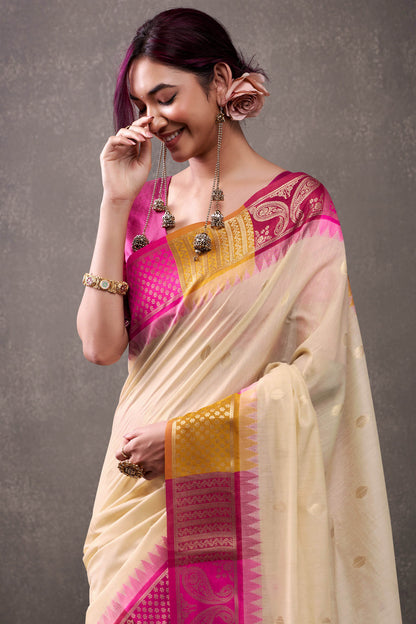 Fairytale Beige And Dark Pink Cotton Silk Saree With Marvellous Blouse Piece