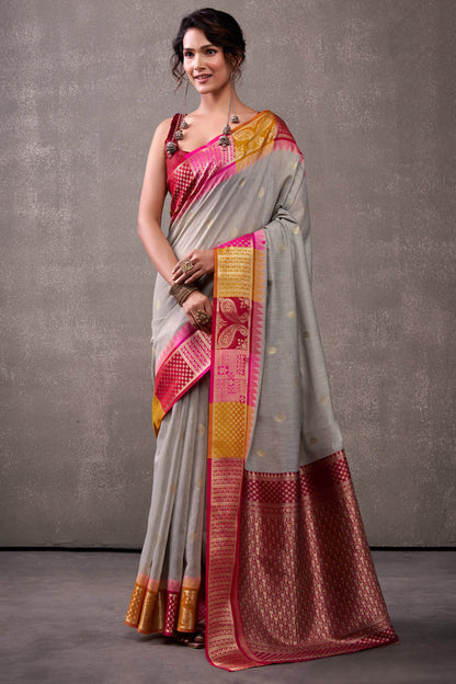Tremendous Grey Cotton Silk Saree With Zephyr Blouse Piece