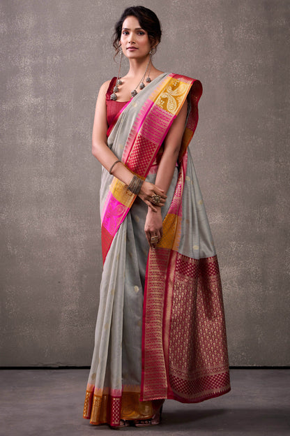 Tremendous Grey Cotton Silk Saree With Zephyr Blouse Piece