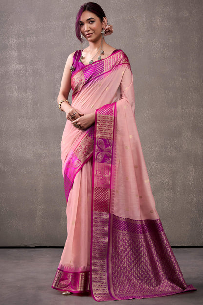 Effulgent Pink Cotton Silk Saree With Lustrous Blouse Piece