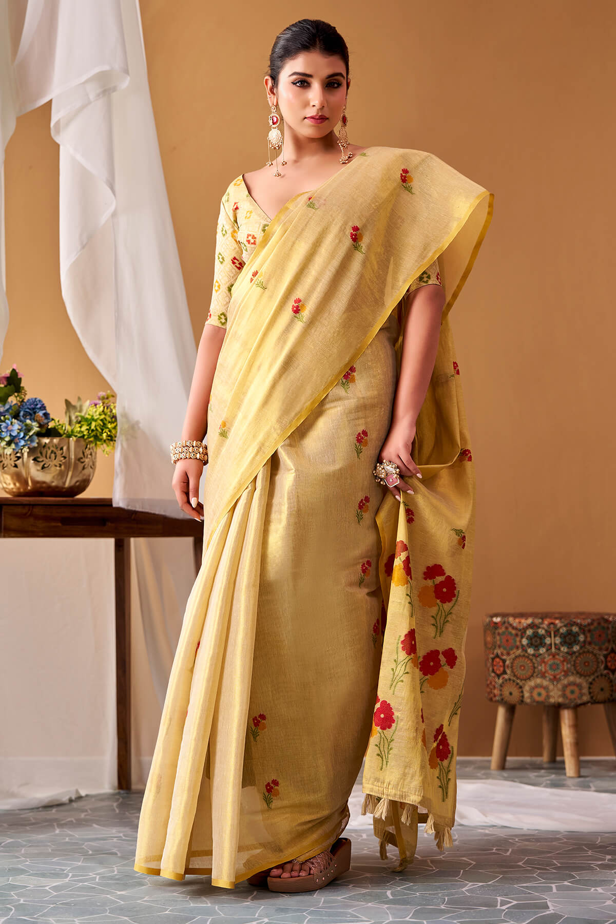 Lustrous Beige Banarasi Tissue Silk Saree With Scrumptious Blouse Piece