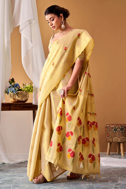 Lustrous Beige Banarasi Tissue Silk Saree With Scrumptious Blouse Piece