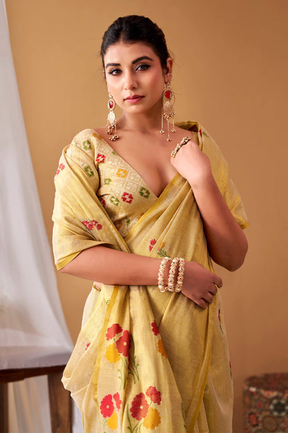 Lustrous Beige Banarasi Tissue Silk Saree With Scrumptious Blouse Piece