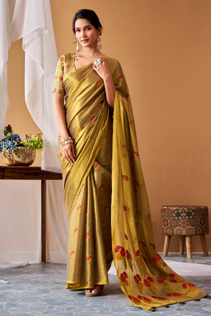 Groovy Mehndi Banarasi Tissue Silk Saree With Effulgent Blouse Piece