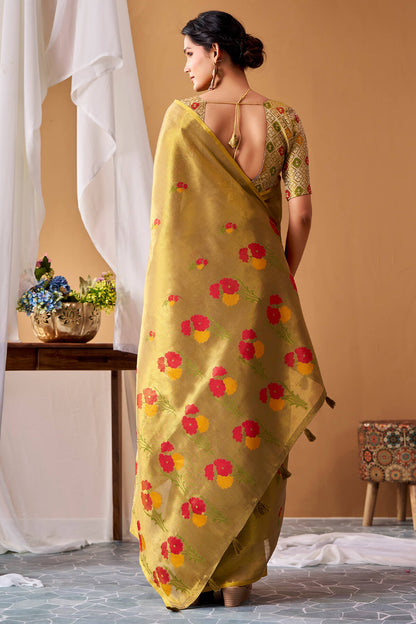 Groovy Mehndi Banarasi Tissue Silk Saree With Effulgent Blouse Piece