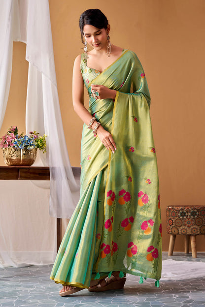 Redolent Green Banarasi Tissue Silk Saree With Forbearance Blouse Piece