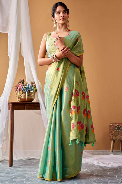 Redolent Green Banarasi Tissue Silk Saree With Forbearance Blouse Piece