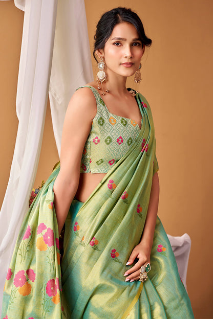 Redolent Green Banarasi Tissue Silk Saree With Forbearance Blouse Piece