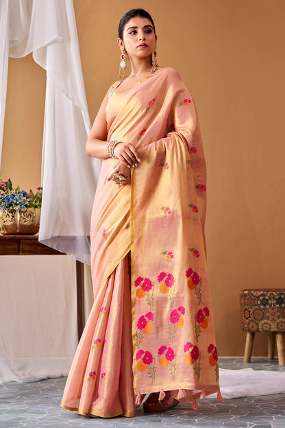 Desuetude Pink Banarasi Tissue Silk Saree With Rhapsody Blouse Piece