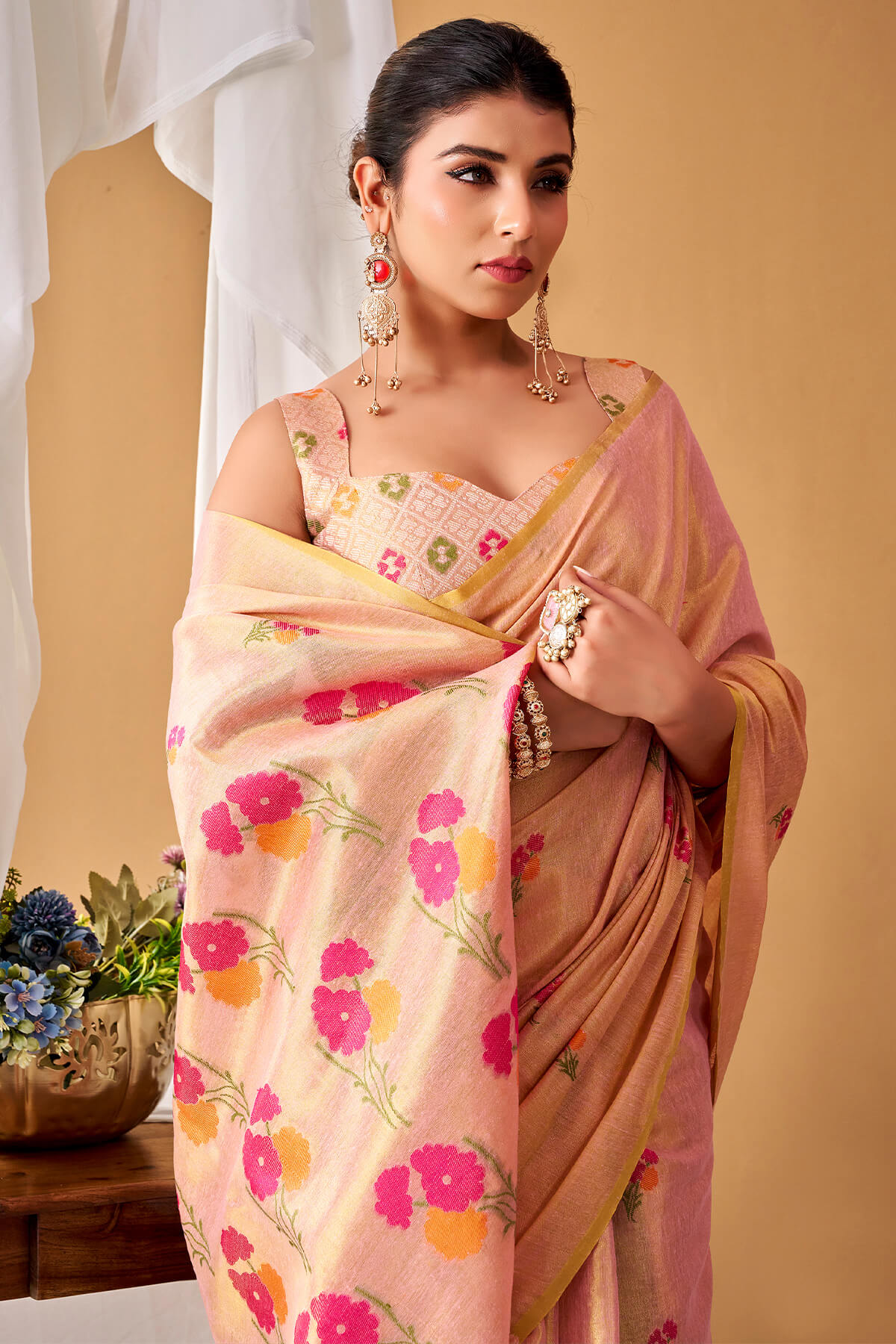 Desuetude Pink Banarasi Tissue Silk Saree With Rhapsody Blouse Piece