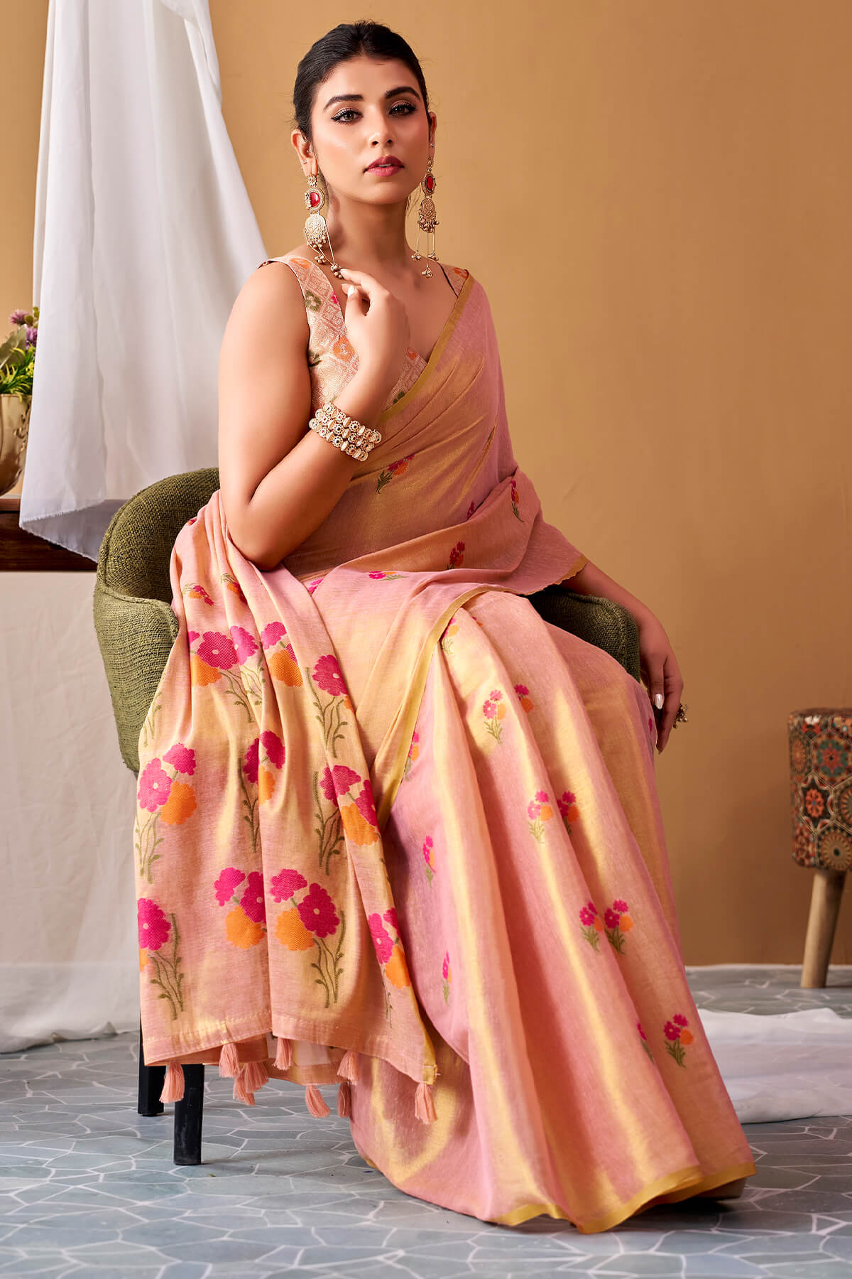 Desuetude Pink Banarasi Tissue Silk Saree With Rhapsody Blouse Piece