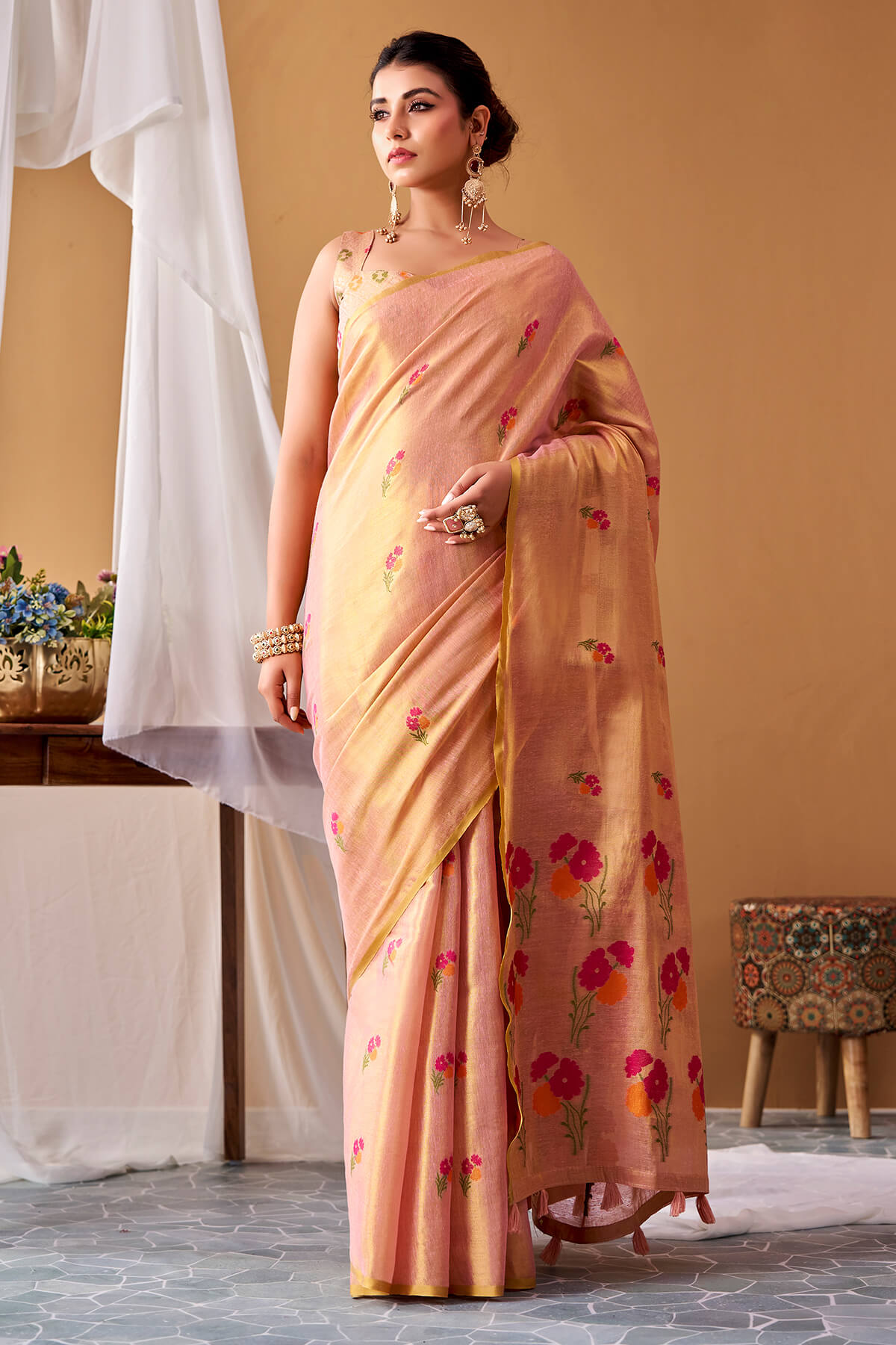 Desuetude Pink Banarasi Tissue Silk Saree With Rhapsody Blouse Piece