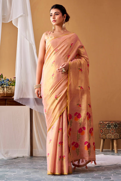 Desuetude Pink Banarasi Tissue Silk Saree With Rhapsody Blouse Piece