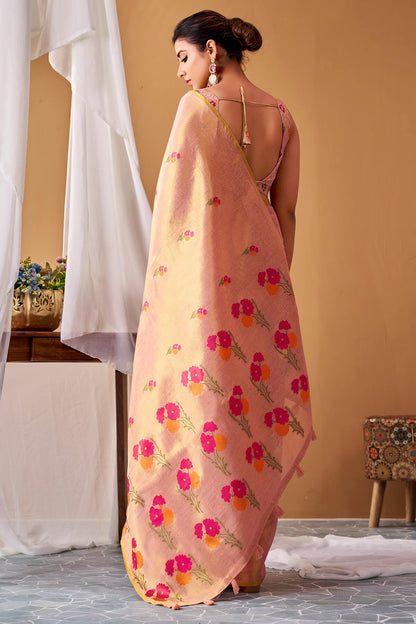 Desuetude Pink Banarasi Tissue Silk Saree With Rhapsody Blouse Piece