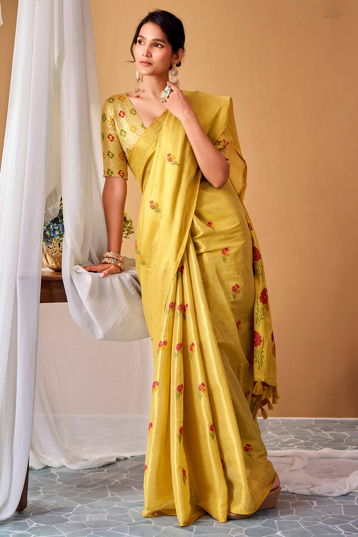 Stunning Yellow Banarasi Tissue Silk Saree With Snazzy Blouse Piece