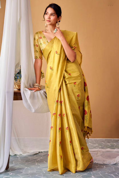 Stunning Yellow Banarasi Tissue Silk Saree With Snazzy Blouse Piece