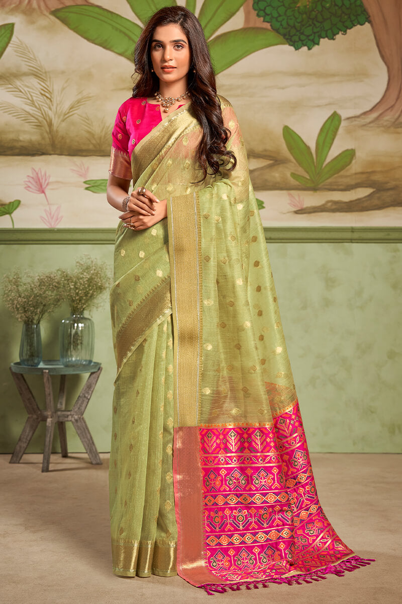 Beautiful Pista Soft Banarasi Silk Saree With Smart Blouse Piece