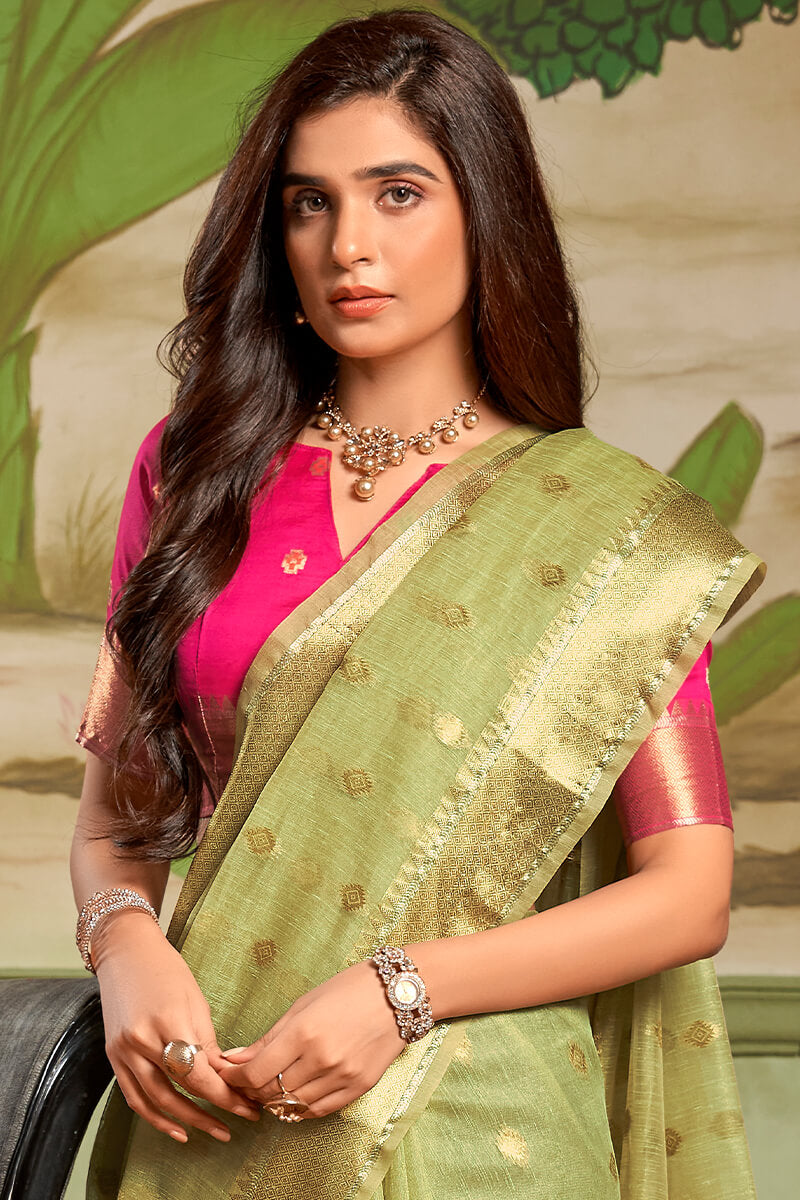 Beautiful Pista Soft Banarasi Silk Saree With Smart Blouse Piece