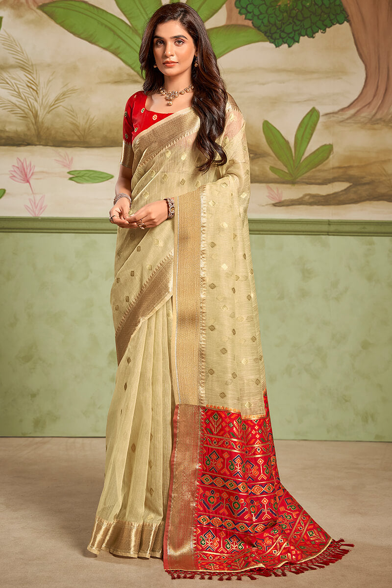 Fancifull Beige Soft Banarasi Silk Saree With Comely Blouse Piece