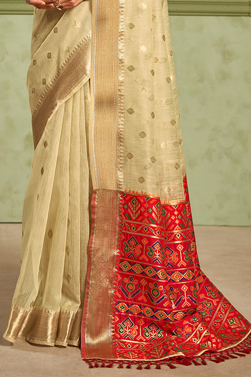 Fancifull Beige Soft Banarasi Silk Saree With Comely Blouse Piece