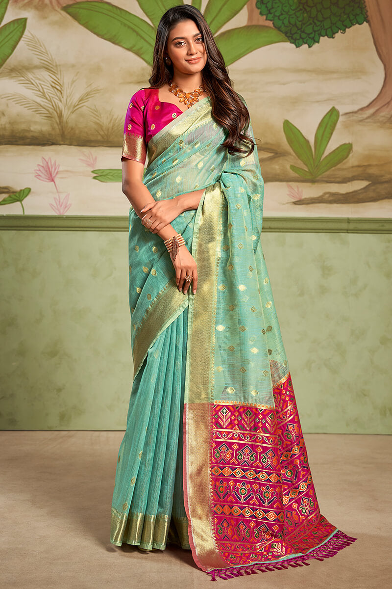 Redolent Firozi Soft Banarasi Silk Saree With Woebegone Blouse Piece