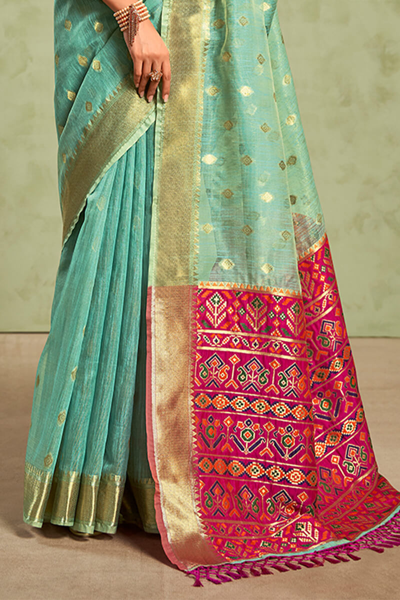 Redolent Firozi Soft Banarasi Silk Saree With Woebegone Blouse Piece