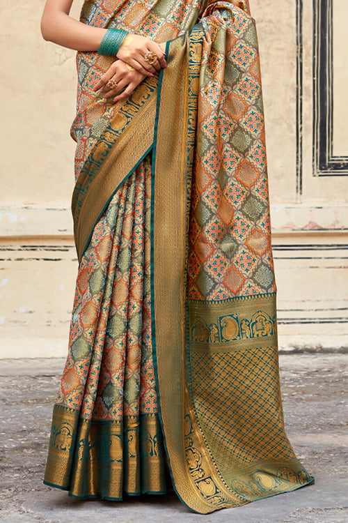 Silver Grey Printed Soft Silk Saree – Zari Banaras