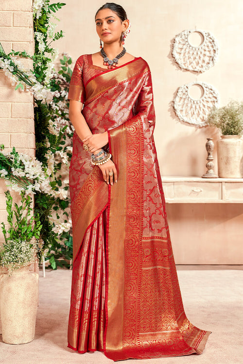 Load image into Gallery viewer, Marvellous Red Kanjivaram Silk Saree With Staring Blouse Piece
