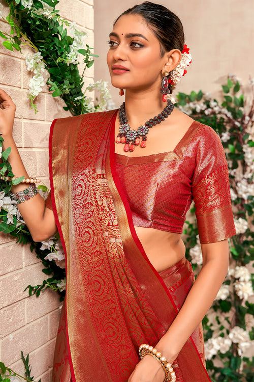 Load image into Gallery viewer, Marvellous Red Kanjivaram Silk Saree With Staring Blouse Piece
