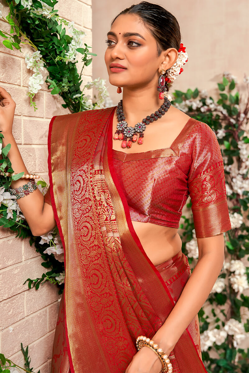 Marvellous Red Kanjivaram Silk Saree With Staring Blouse Piece