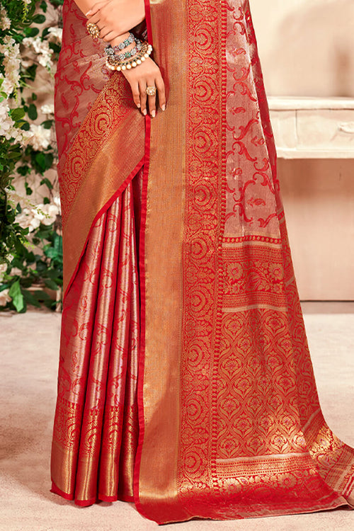 Load image into Gallery viewer, Marvellous Red Kanjivaram Silk Saree With Staring Blouse Piece
