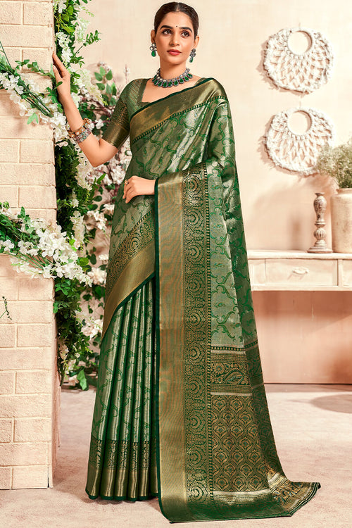 Load image into Gallery viewer, Desiring Dark Green Kanjivaram Silk Saree With Ravishing Blouse Piece
