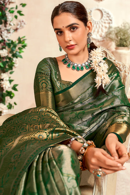 Load image into Gallery viewer, Desiring Dark Green Kanjivaram Silk Saree With Ravishing Blouse Piece
